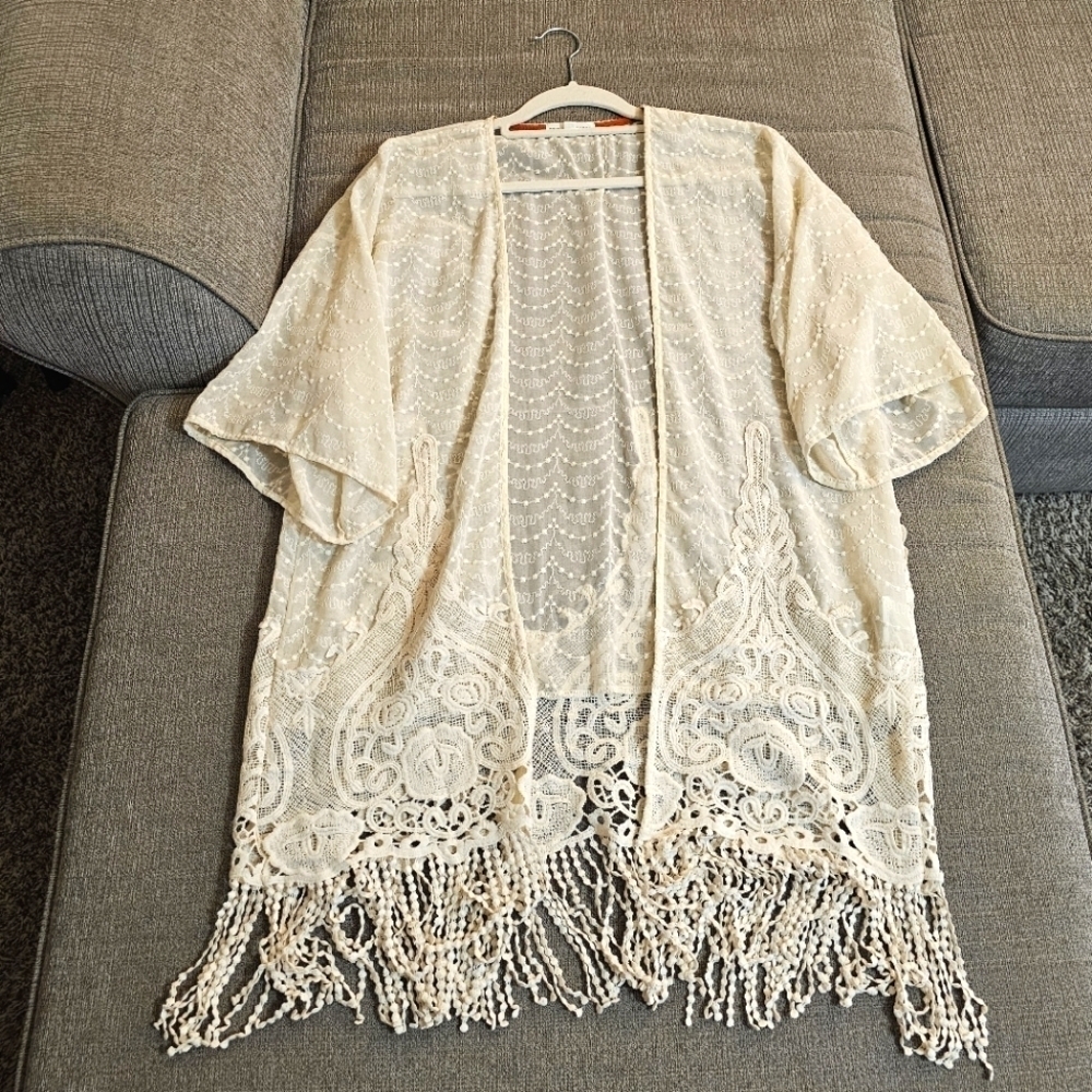 Coco + Jaimeson Cream Sheer Beach Embroidered Fringle Hem Cardigan M/L